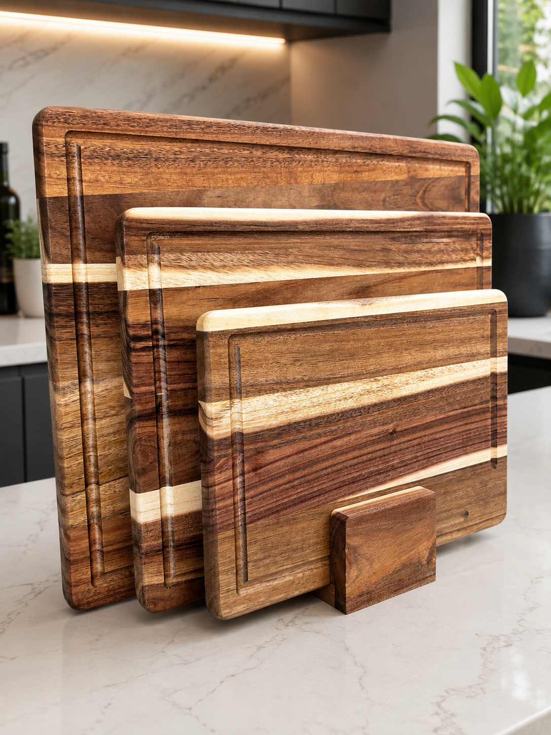 Premium Acacia Wood Chopping Board Set with Stand – 4 Piece Kitchen Collection